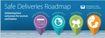 Blue logo with title "Safe Deliveries Roadmap" at the top left and the Washington State Hospital Association logo on the top right. On the left there is a slogan "Achieving best outcomes for women and babies". There is an image of a road along the bottom. From left to right, there are location marker shaped icons. On the left is a purple icon with a graphic of a calendar with the title "pre-pregnancy". Next is a turquoise icon with a graphic of a fetus with the title "pregnancy". Third from the left is a green icon with a graphic of a newborn held by two hands with a title "delivery". The fourth icon is orange and has a graphic of a person looking at a newborn with a title "postpartum".